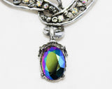 Steampunk Style Brooch - Victorian Inspired Pin with Fiery Green Purple Stones - 1970s Antique Revival Jewelry - Bewitching Single Cabochon