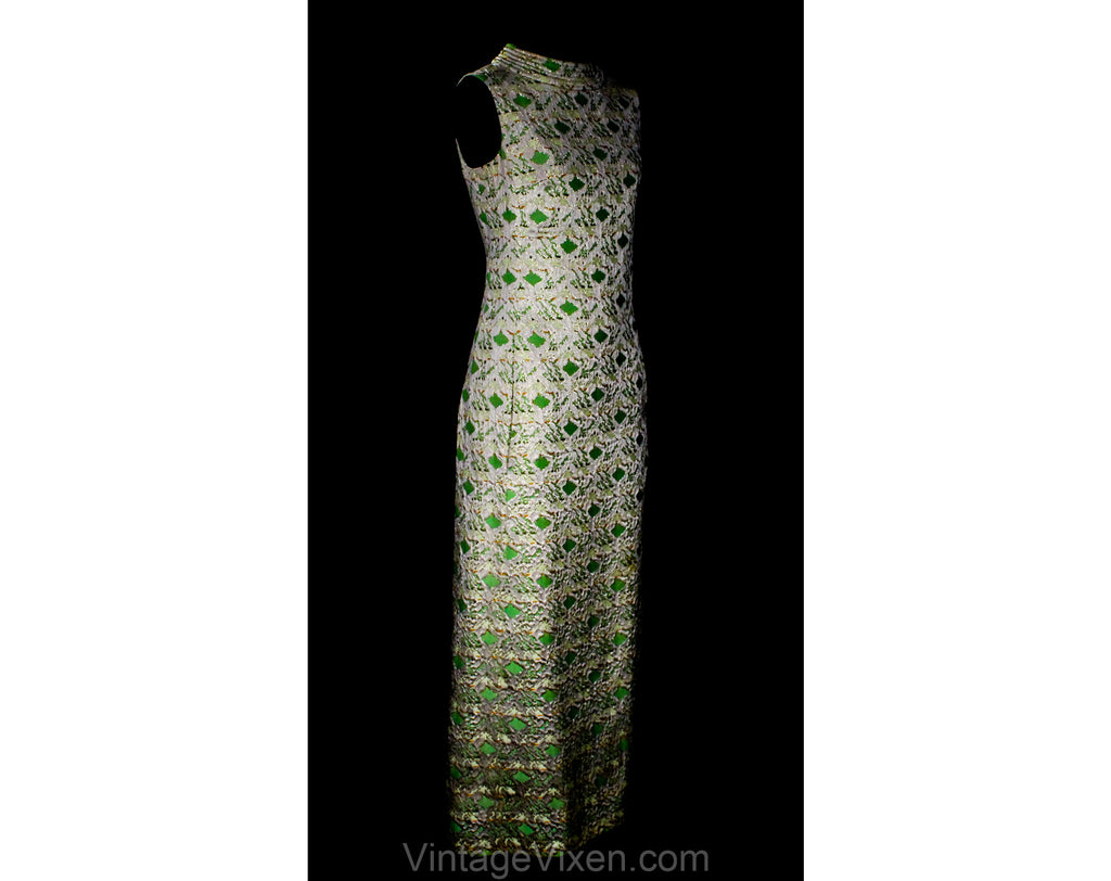Size 6 Green Brocade Evening Dress - Sleeveless 1960s Pistachio Mint & Vintage Vixen Clothing Size 6 Green Brocade Evening Dress - Sleeveless 1960s Pistachio Mint & Vintage Vixen Clothing