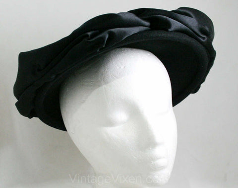 1940s Hat - Glamour Girl - Black Felt & Silk Satin - Open Top - Parisian Style 40s Hat by Odette Chapeaux - 41356-1