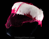 1960s Fuchsia Pink Hat with Veil - White Feathers & Vivid Bright Velvet - 60s Femme Millinery - Spring Summer Confection Style with Veiling