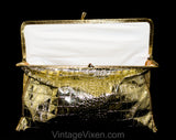Gold Reptile Pattern 1960s Purse - Embossed Shiny Metallic Vinyl - Faux Alligator or Crocodile - Soft Rectangular 60s Handbag - Pristine