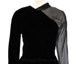 Size 6 Film Noir Cocktail Dress - 1950s Style Avant Garde Black Velvet Formal Dress - Asymmetric Sheer Black Chiffon Shoulder Cape - Bust 34