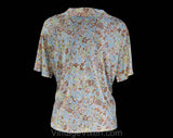 XL 1960s Floral Summer Top - Sweet 60s Peach, Blue, Yellow Floral Jersey Shirt - Size 16 Short Sleeve Blouse - Polo Neckline - Bust 42