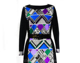 Size 8 Black Tribal Print Maxi Dress - 1960s Long Sleeve A-Line Sheath & Belt - Purple Blue Emerald Green Geometric 60s Polyester - Bust 38