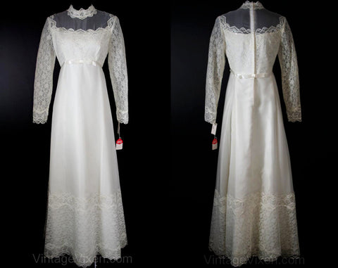 Size 10 Bridal Gown - Elegant White Voile & Lace Empire Wedding Dress - 1960s Deadstock - Long Sleeves Sheer Lace - 60s - Bust 36 - 34145-1