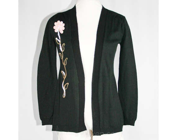 Size 6 Black Sweater - Hip 70s Black Disco Cardigan with Sequin Flower - Small Boho 70s Knit Jacket - Neiman Marcus - Bust 34 - 39185