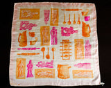 Old World Artifacts Scarf - Pink Orange White Silk - 1960s Novelty Print by Vera Neumann - Baking Implements & Chocolate Molds - 26 Inches