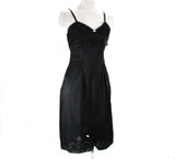 Size 10 Black Full Slip - 1950s 1960s Lingerie - Nylon Tricot & Lace - Pink Ribbon Rosettes - Classic 50s Deadstock - Bust 37 - 49939-16/17