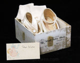 Satin Baby Booties - Size 1 Infants Pair Soft Soled Shoes - 1940s 1950s Tiny Slipper with Socks & Baby Shower Gift Card in Original Box