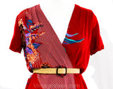 Size 6 Asian Rayon Print Dress - 1940s Inspired Red Floral Summer Faux Wrap Frock - 70s 80s Retro Short Sleeve with Border Print - Bust 33.5