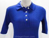 XS Royal Blue Sweater - Size 2 Short Sleeved Fine Cotton Cable Knit Top - Casual Polo Shirt - Bust 30 to 32 - European Label - Spring Summer