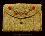 1940s Summer Purse - 40s Braided Jute Resort Handbag with Pink & Green Raffia Flowers - Natural Dyed Envelope Clutch - Artisan Made Bag