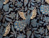 1960s Cotton Print Fabric - Over 3 Yards Navy Blue India Print - Continuous Yardage - 60s 70s Summer Bohemian Wild Bird Novelty Border Print