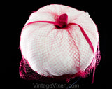 1960s Fuchsia Pink Hat with Veil - White Feathers & Vivid Bright Velvet - 60s Femme Millinery - Spring Summer Confection Style with Veiling