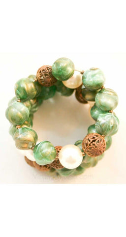 1950s Green & Brass Filigree Bracelet - Swirled Spinach Gold Green Plastic 1950s Mid Century Jewelry - Glam Beaded Spiral Coil Adjustable