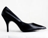 Size 7 1/2 Black High Heel Shoes - 1950s Glossy Satin Stilettos - Elegant 50s Pointed Toe 4-Inch Heel - Mid Century Cocktail Evening - 7.5 M