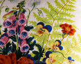 Botanical Floral Pillow - Burnt Orange Chartreuse Pink Blue Roses Iris Poppy Pansies & Ferns - 1960s 1970s - 16 1/2" Square Fine Cotton
