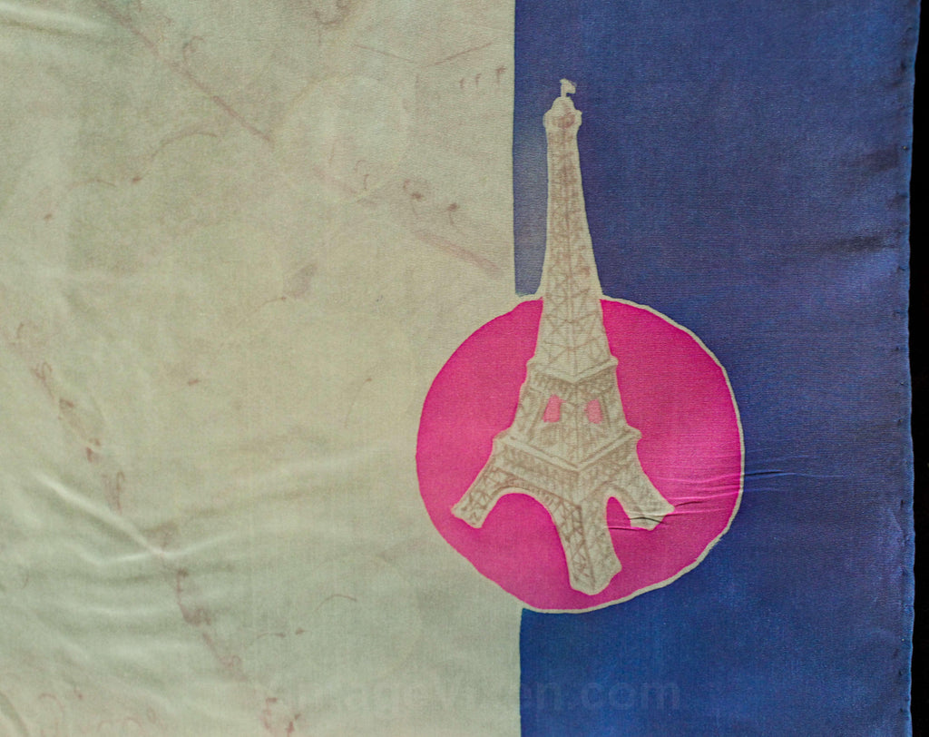 Vintage Paris Souvenir Scarf - 1930s 40s French Tourist Sites - France Watercolor Parisian Artisan Souvenir - Blue Pink Silk Map - 49652