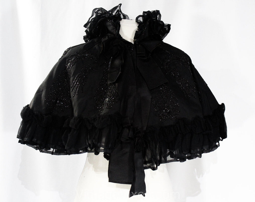 Authentic Victorian Cape - Antique 1890s Black Silk Capelet with Jet Beading, Sequins, and Chiffon Ruffles - 1900s Edwardian - Neck 16