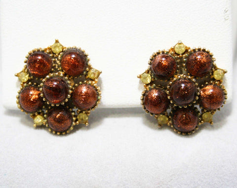 Sparkling Brown 60s Lucite Earrings with Pale Citrine Rhinestones - Clips - 1960s Classic Jewelry - Fine Metallic Sparkles - 60s Clip On