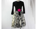 Size 6 Party Dress - 1950s 60s Black Crepe Bodice & Gray Roses Bouffant Skirt- Fuchsia Rose Accent with Black Velvet Bow - Waist 25.5