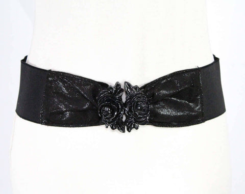 Size 14 Black Belt - Sexy 1990s Black Roses Plastic Buckle & Stretch Belt - 90s Metallic Club Wear Party Girl - 3" Tall - Waist 32 - 48559