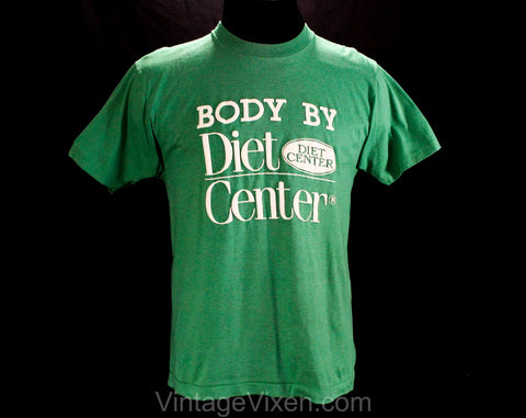 70s Kitsch T Shirt - Men's Size Small Medium - Body By Diet Center - 1970s 80s Unisex Tee - Kelly Green - Screen Stars - Chest 40 - 50179