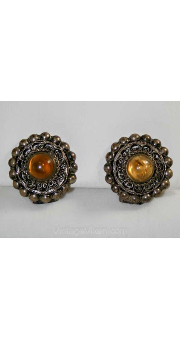 Silver Filigree Earrings - Antique Style Amber Glass Earrings