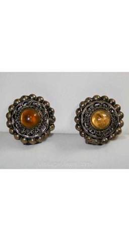 Silver Filigree Earrings - Antique Style Amber Glass Earrings - Made In Italy - Victorian Style - 1940s Deadstock Clip Earrings - 40263