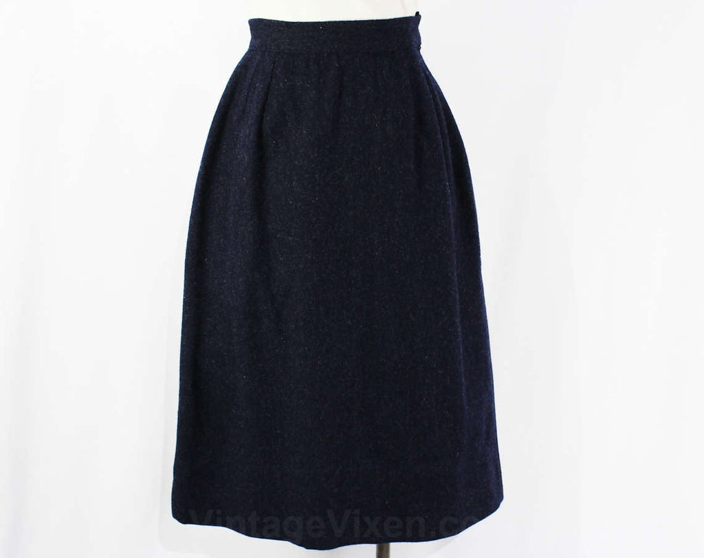 XXS Navy Wool Skirt - 1960s A Line Dark Blue Tailored 60s Office Wear - Tan Stitched Side Seams - Size less than 000 - Waist 21