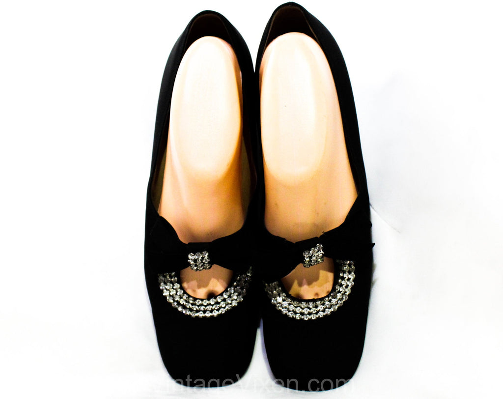 Size 8 Black Evening Shoes - Glam 1960s Cocktail Party Pumps - 60s Designer Bruno Magli - Crepe & Sparkling Rhinestones with Bow - 8M