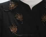 Size 8 1940s Dress - New Look Black Wool 40s 50s - Long Sleeve Fall Autumn Dress with Copper Beading - Beaded Flowers - Waist 28