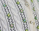 Size 12 Cream Wool Cardigan with Pastel Flowers - 60s Large Button Front Sweater - Ivory Ecru Cable Knit - Pink Yellow Green Blue Embroidery