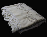 Pastel Embroidered Tablecloth - Cream Cocoa Pink Blue & Mint Green Leaves Embroidery - Soft Elegant Rustic Large Rectangle - Spring Hues