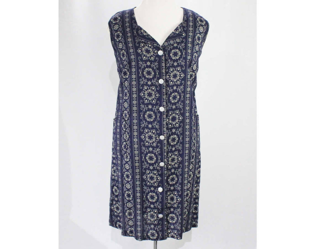 Large 1960s Summer Dress - Size 14 60s House Dress - Navy Blue & White Wallpaper Striped Cotton Sleeveless - Deadstock - Bust 41 - 49223