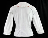 Size 14 1950s White Cotton Shirt with Scarlet Flowers - Large 50s Tailored Blouse - Red Brocade Ribbon - 3/4 Sleeves - Quaint Summer Top