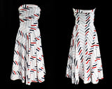 XS 1940s Deco Sun Dress - Size 2 Strapless Summer Full Skirted Frock - Geometric Striped Red, Navy Blue & Gray on White Cotton - Bust 31.5