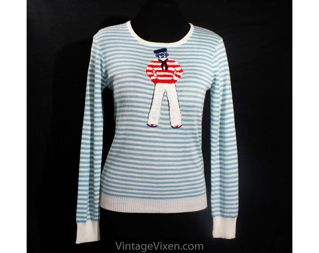 Small 1970s Sweater - Cute Striped Blue Venice Gondolier 70s Pullover by Cyn-Les - Chenille & Acrylic Knit - Kitsch 1970s Novelty - Bust 34