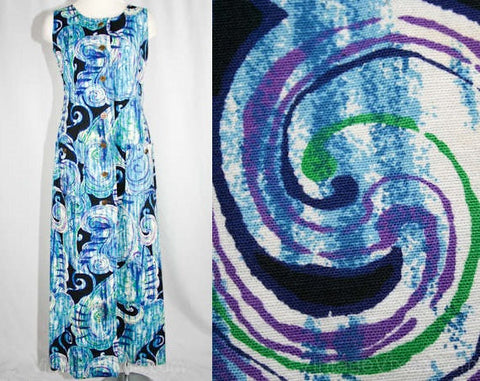 Size 10 Summer Dress - 60s Swirly Blue Paisley Sun Dress - Sheath Style Cotton Boho Chic - Multi-Color - Bust 38.5 - Waist 33.5 - 39177