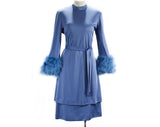 Size 10 1970s Dress by Lilli Diamond - Long Sleeved 70s Glamour Cocktail - Marabou Feather Cuffs - Periwinkle Blue Knit - Zsa Zsa - Bust 38
