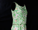 Size 4 Sun Dress - 1960s Spring Green Floral Silk Summer Blouson - Pretty Pink Daisy Floral Sleeveless - Late 50s Early 60s Small - Waist 25
