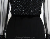 Size 10 Posh Evening Dress - 1960s Sheer Black Silk Chiffon & Cracked Ice Glitter - Medium 60s Formal Gown with Velvet Bow Waist - Bust 39