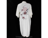Medium 1950s Asian Kimono Style Robe with Red Cherry Blossom Embroidery - White Rayon Eastern 50s Lounge Wear - Medallion Back - Bust 42