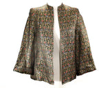 Size 8 Formal Jacket - 1940s 1950s Black Paisley Satin Brocade Short Evening Coat - Gold Pink Blue Green - Open Front - NRB Label - Bust 35