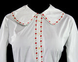 Size 14 1950s White Cotton Shirt with Scarlet Flowers - Large 50s Tailored Blouse - Red Brocade Ribbon - 3/4 Sleeves - Quaint Summer Top