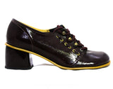 Size 5.5 1960s Shoes - Slick Dark Brown Mod 60s Oxford Pumps with Brass Lace Up - Glossy Wet Look Rounded Toe Go-Go Girl Heels - 5 1/2 M