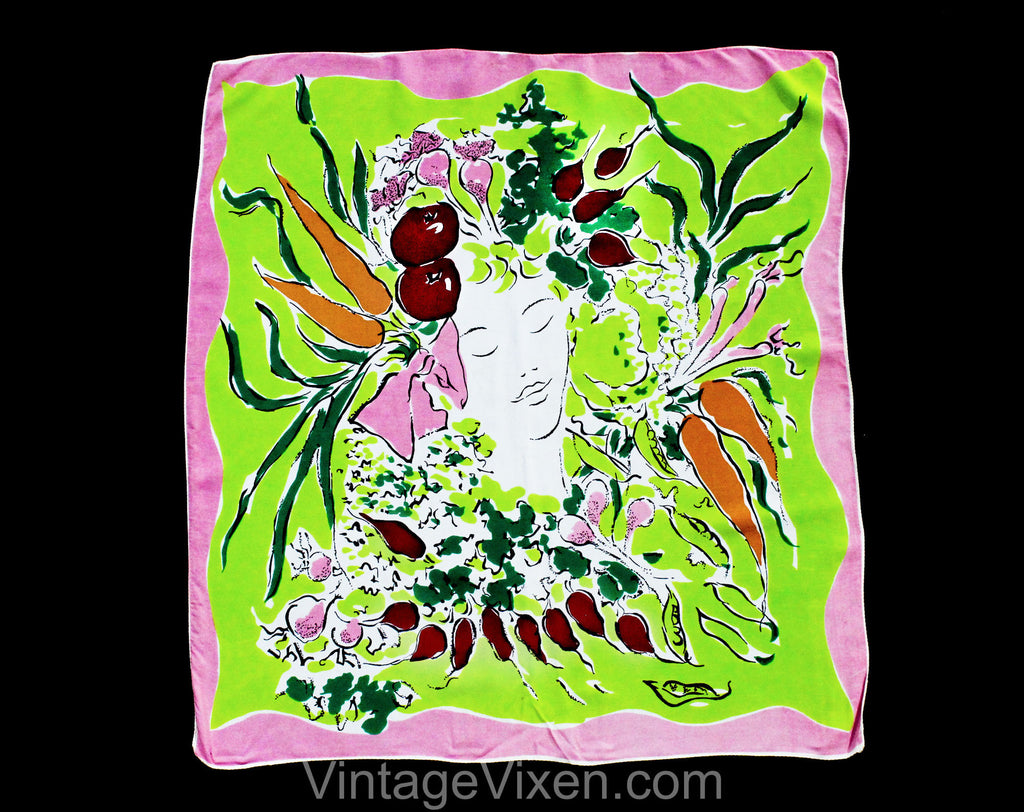 1940s Vegetable Patch Rayon Scarf by Marcel Vertes for Wesley Simpson - 40s Surreal Spring Novelty Print - Chartreuse Green Pink Orange Face