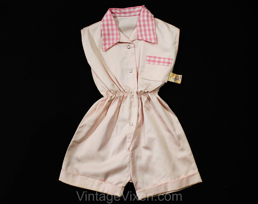 Size 4T Girl's 1950s Pink Romper - Terrific 50s Rosie The Riveter Child's Coverall with Gingham Trim - NWT Deadstock Work Wear - Chest 23