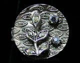 FINAL SALE Marcasite Embossed Metal Ring - Adjustable Size 5.5 to 6.5 - 1960s Silvertone Metal - Rhinestones - Leafy Antique Pattern
