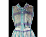 Size 6 1950s Summer Dress - Turquoise & Purple Sleeveless Top with Full Skirt - Sheer Cotton Gauze and Tulle - 50s Picnic Chic - Waist 26